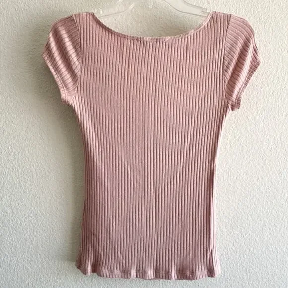 Reformation Cap-Sleeve Ribbed Knit Square Neck Blush Pink Bardot Top Small - Picture 9 of 9